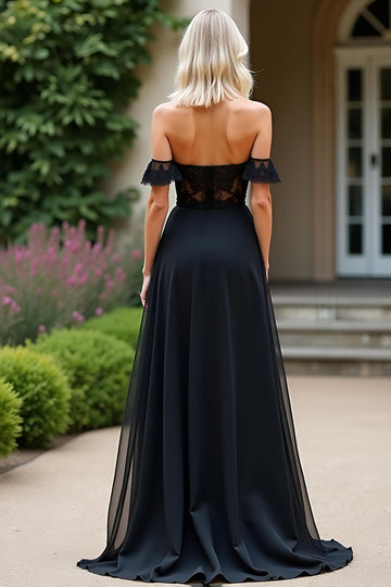 Sort A Line Off The Shoulder Chiffon Blonde Gallakjole med slids
